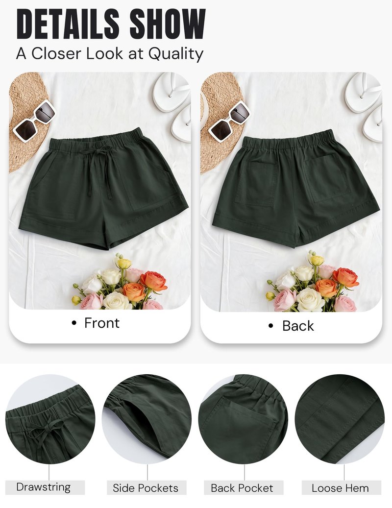 NILOINE Womens Drawstring Shorts Elastic Waist Shorts Casual Summer Beach Cotton Short Pants with Pockets(Army Green,Small)