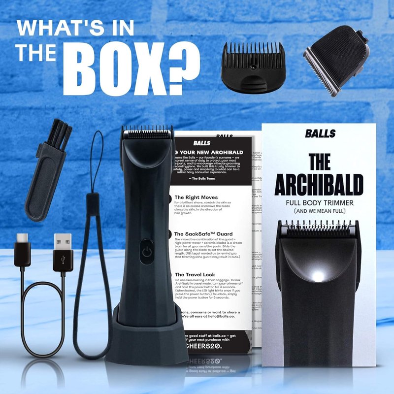 BALLS Trimmer V3 The Archibald - Body & Pubic Hair Shaver for Men - No Cuts, Sacksafe Guard, Rechargeable, 100% Waterproof, Cordless - Wet/Dry with Replaceable Ceramic Blades Archibald Trimmer