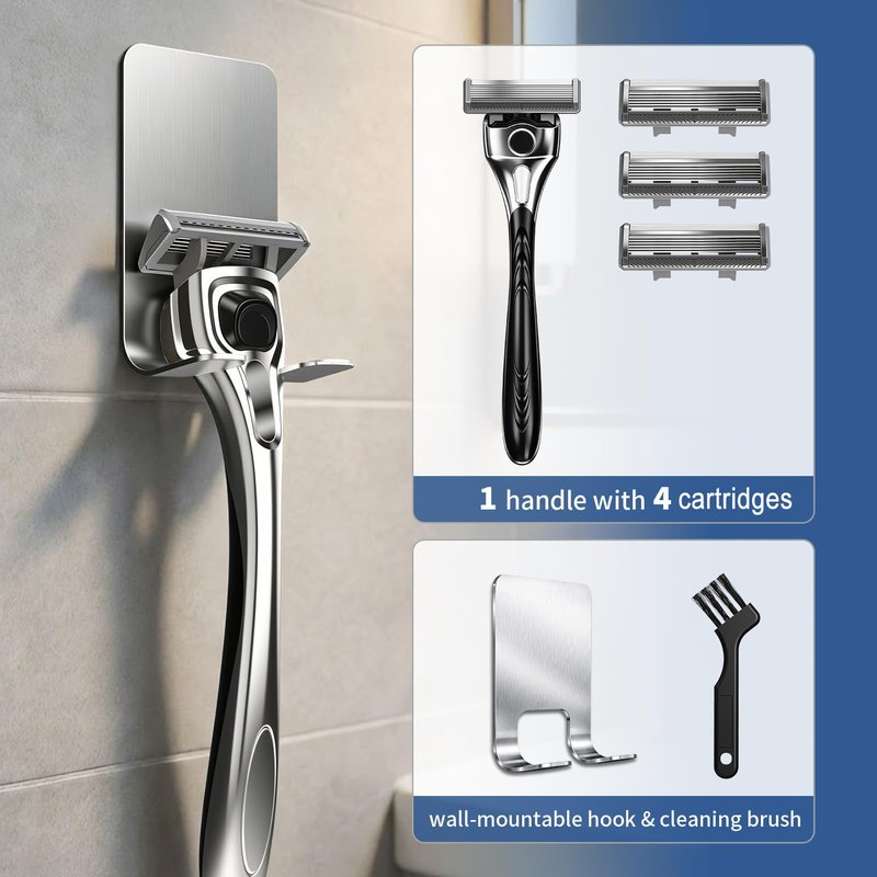 FYNEDGE Professional 6-Blade Men's Razor with Lubricating Strip & Precision Trimmer, 45° Pivoting Head, Metal 1 Handle +4 Blade Refills, Includes Cleaning Brush & Wall Mount