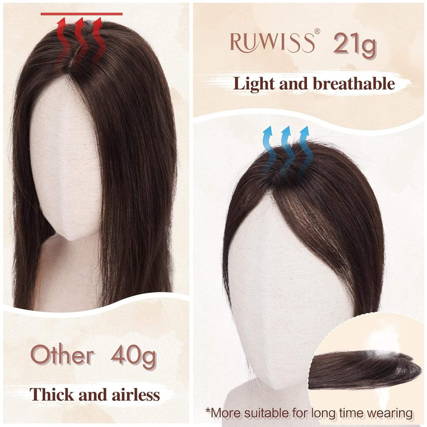 Hair Toppers for Women - Real Human Hair Clip-In Piece for Thinning Hair | Lightweight Fluffy Straight Brown