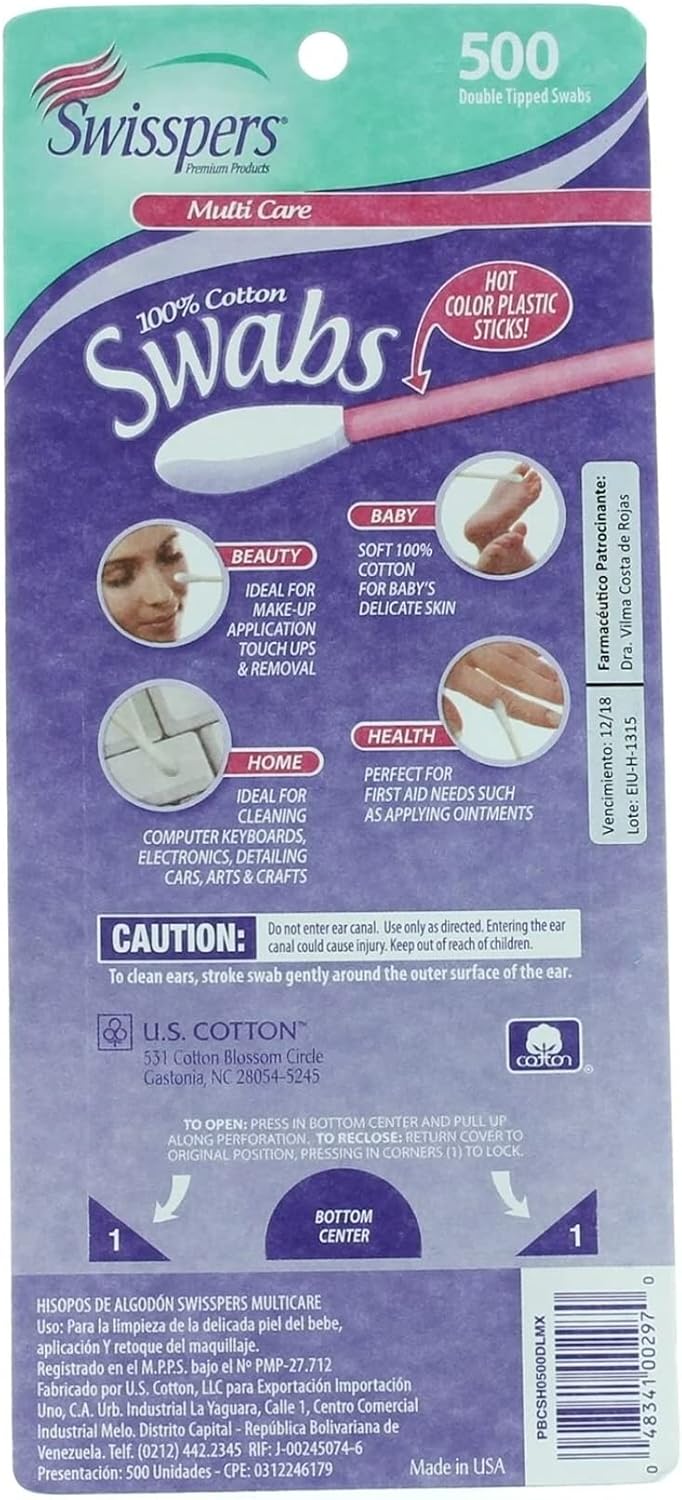 Colorful Cotton Swabs - 100% Cotton with Plastic Sticks, 500 Count | 2 Pack