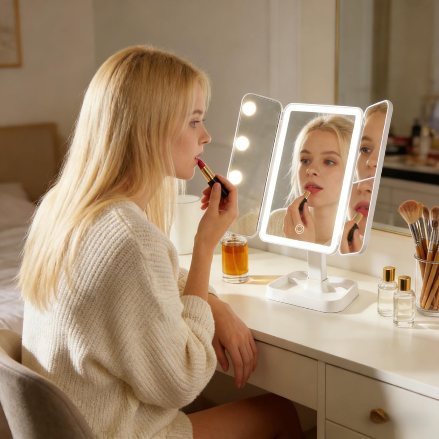 AoKayzu 1x/2x/3x Magnification Makeup Mirror,Adjustable Touch Screen with 4 Mode Lights Change 180°Rotation USB Charge Lighted Desktop Mirror for Make up Travel Cosmetic