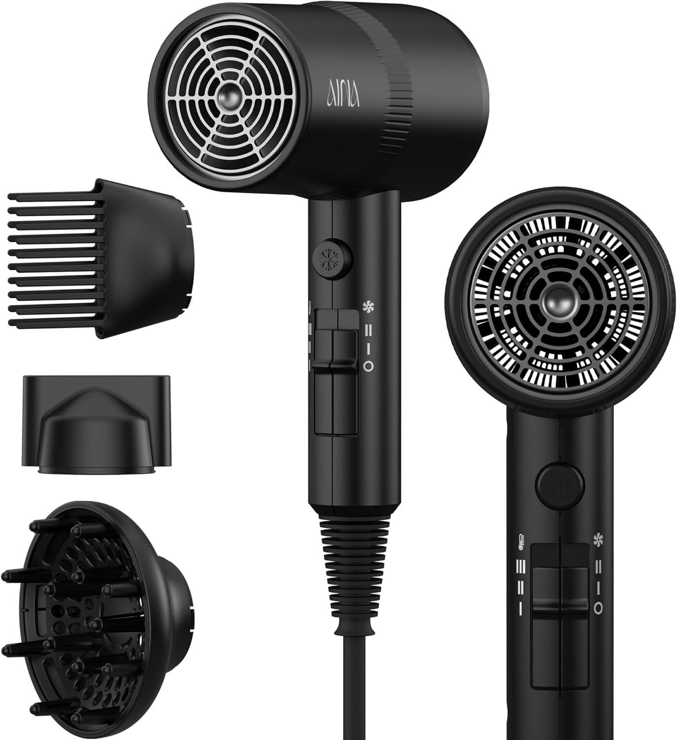 AINA Hair Dryer with Diffuser - Advanced Ionic Technology & Ceramic Coating | Fast Drying & Shine 110V/Ash Grey