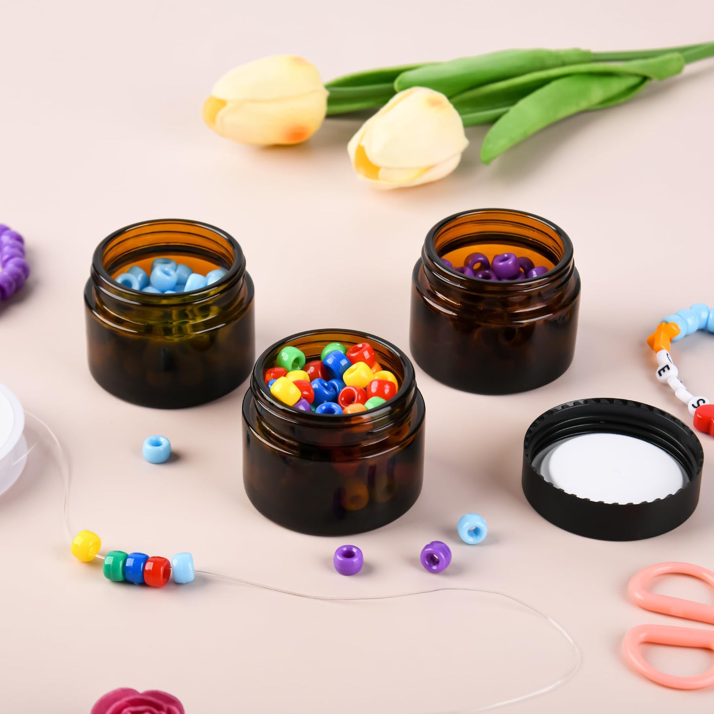 Glass Jars with Lids,Eco-Friendly Cosmetic Containers with Airtight Black Lids & Liners, Multi-Color Options for Cream, Lotion, Body Butter, DIY Skincare Travel Jars (Amber, 2oz)