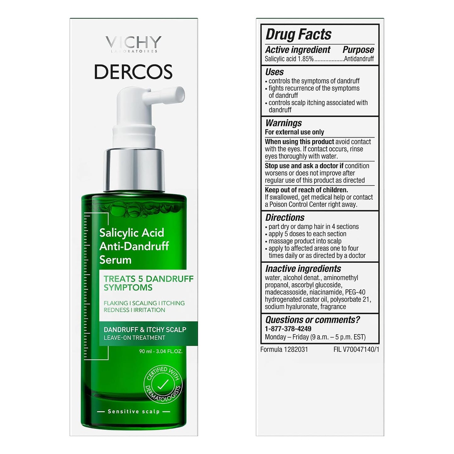 Vichy Dercos Salicylic Acid Anti-Dandruff Scalp Treatment - Flake & Itch Relief Serum, 3 Fl. Oz.