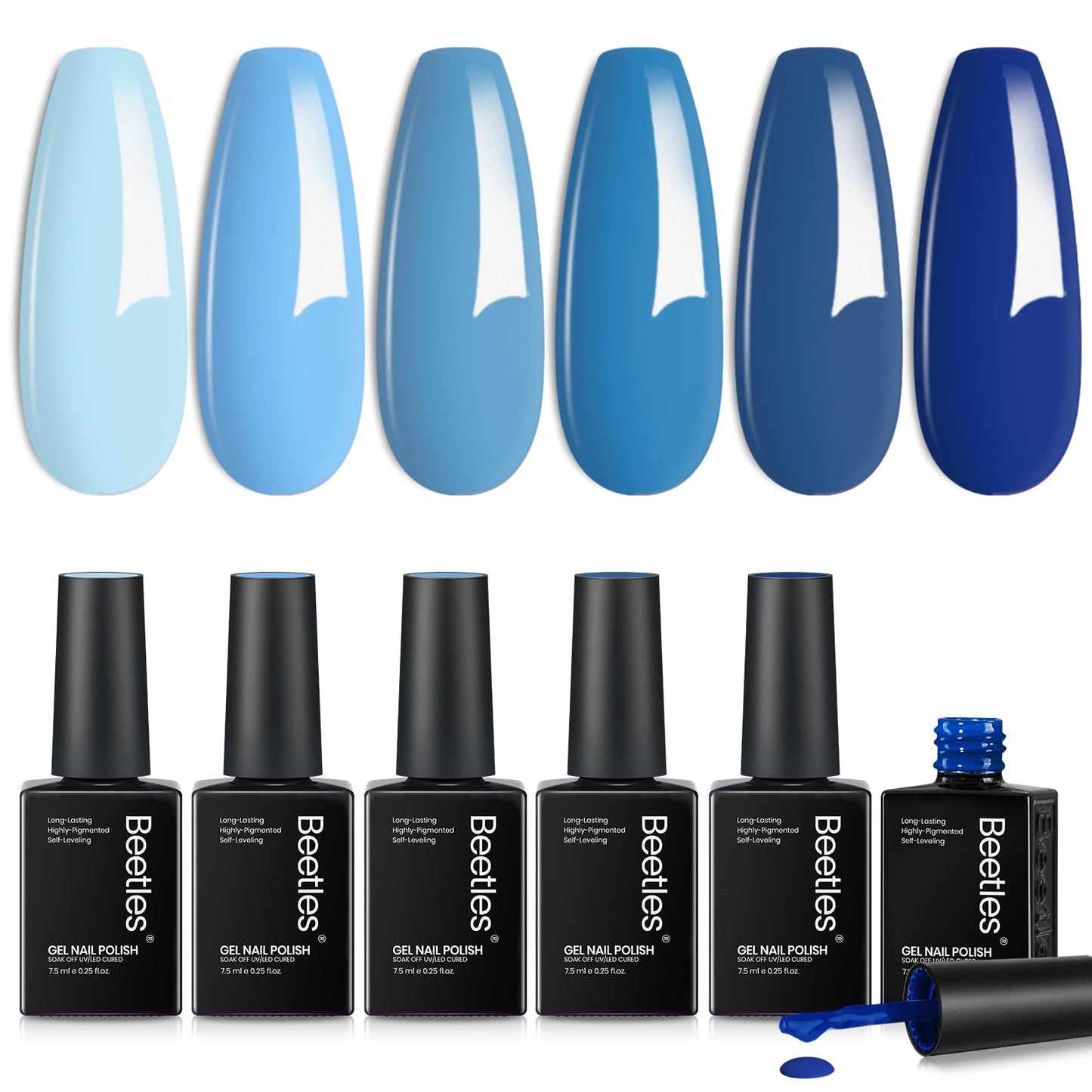 Beetles Blue Gel Polish Set - Ocean Range, 6 Colors Light Dark Navy Baby Blue Gel Nail Polish Soak Off UV LED Lamp Needed Manicure DIY Home for Women