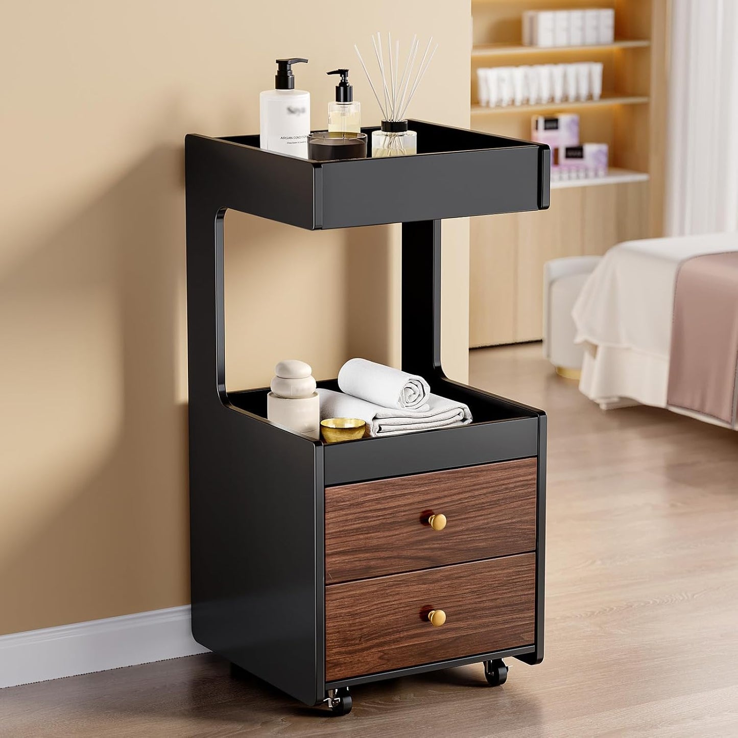 Salon Trolley Cart - Esthetician Tool Organizer with 2 Drawers & 2 Trays | Black Hair Styling Station