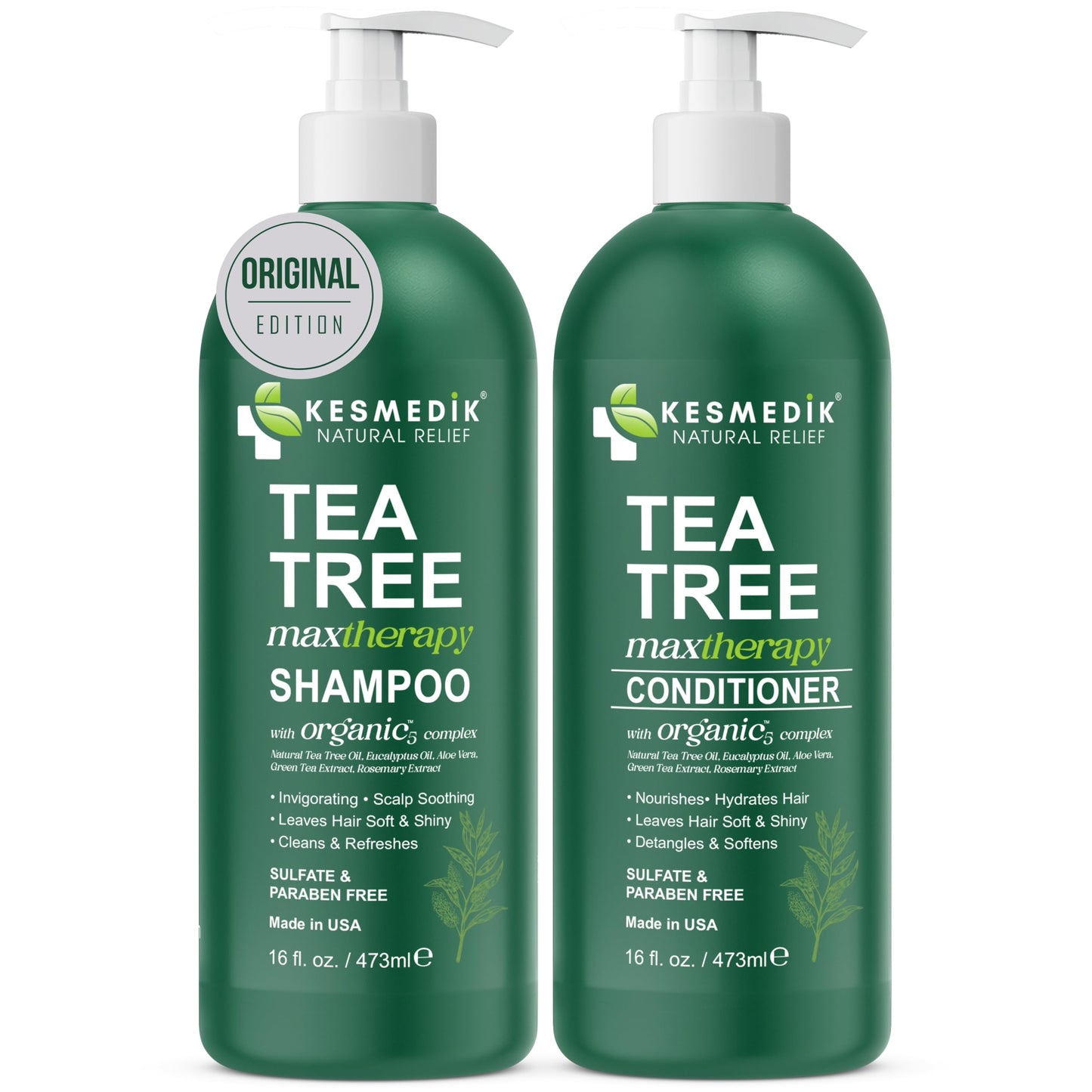 KESMEDIK Tea Tree Oil Shampoo and Conditioner MaxTherapy Set, Itchy Scalp Relief, Refreshes & Cleanses Dandruff & Buildup, Clarifying for Oily Hair, Women & Men, 16 fl oz Each
