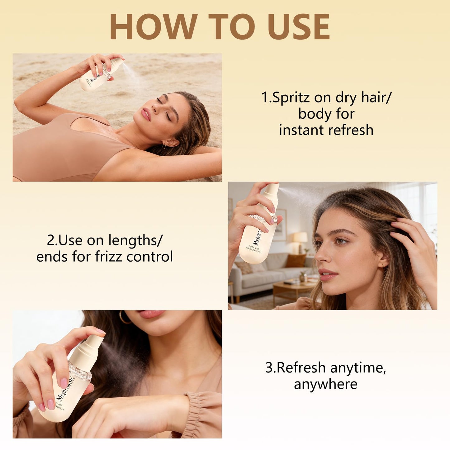 MegustaMe Coconut Vanilla Body & Hair Spray for Women, Long-Lasting Fresh Fragrance, Paraben-Free & Phthalate-Free, 2-in-1 Hair & Body Mist, 3.38 fl oz (100ml)