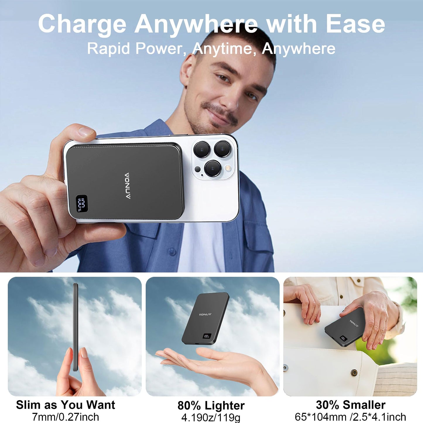 VONUV Magnetic Portable Charger 5000mAh, 15W Ultra Slim Wireless Portable Charger, Fast Charging for iPhone 17/16/15/14/13/12 Pro/Pro Max/Plus, Metal Shell, USB-C Cable to Charge Other Phones (Grey)