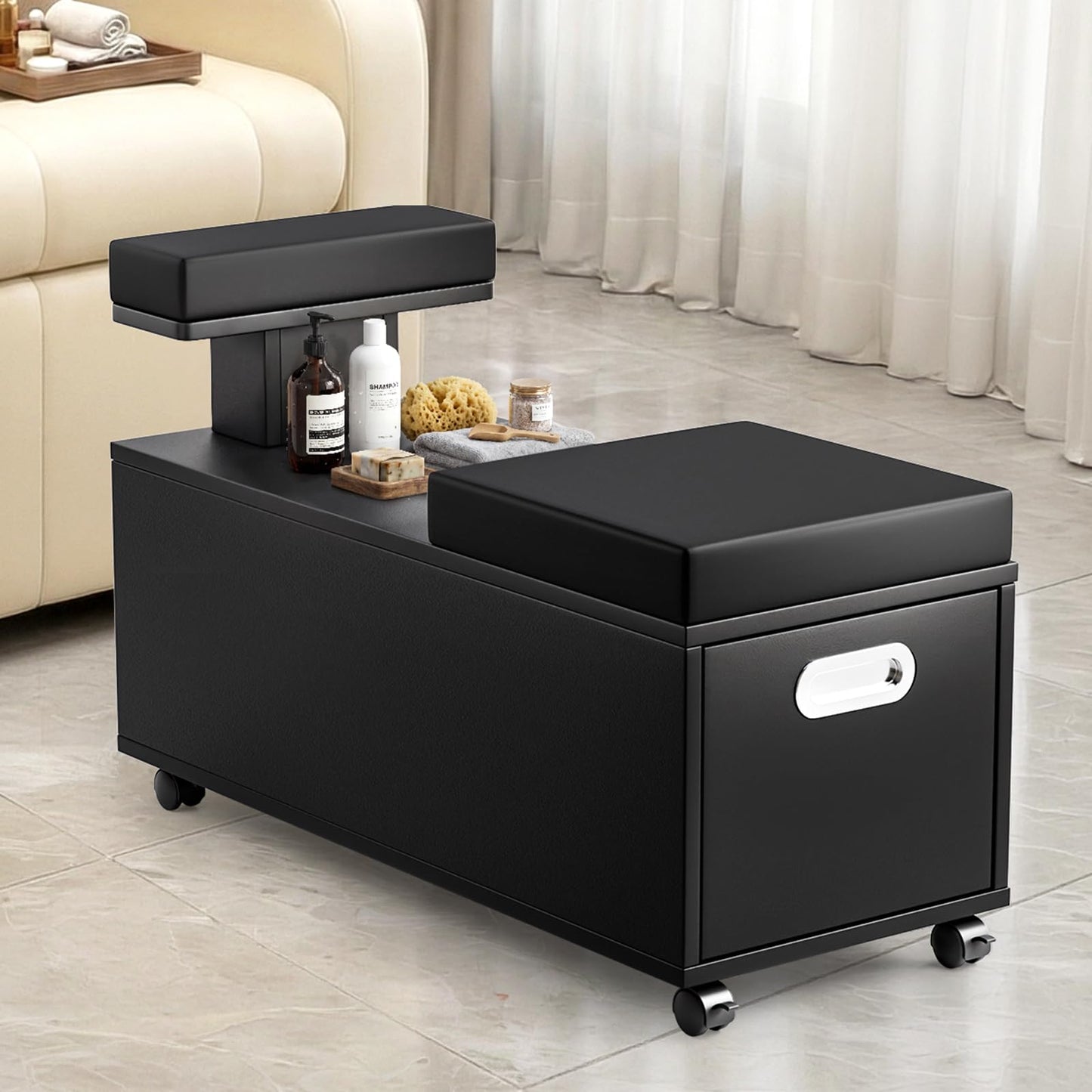 OmySalon Pedicure Cart, Foot Bath Trolley with Storage Drawer & Foot Rest, Pedicure Chair Stool for Esthetician Manicure & Foot Massage, Beauty Spa Salon with Locking Wheels, Black