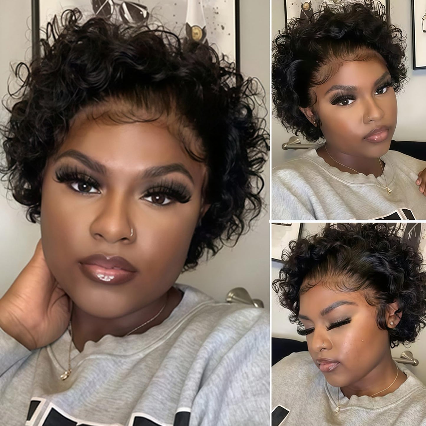 BLOCKICE Pixie Cut Wig Human Hair Stylish Curly Short Bob Wig Deep Wave 13x4 Lace Front Glueless Curly Human Hair Wigs for Black Women Natural Look Full Volume Lace Frontal 6 Inch