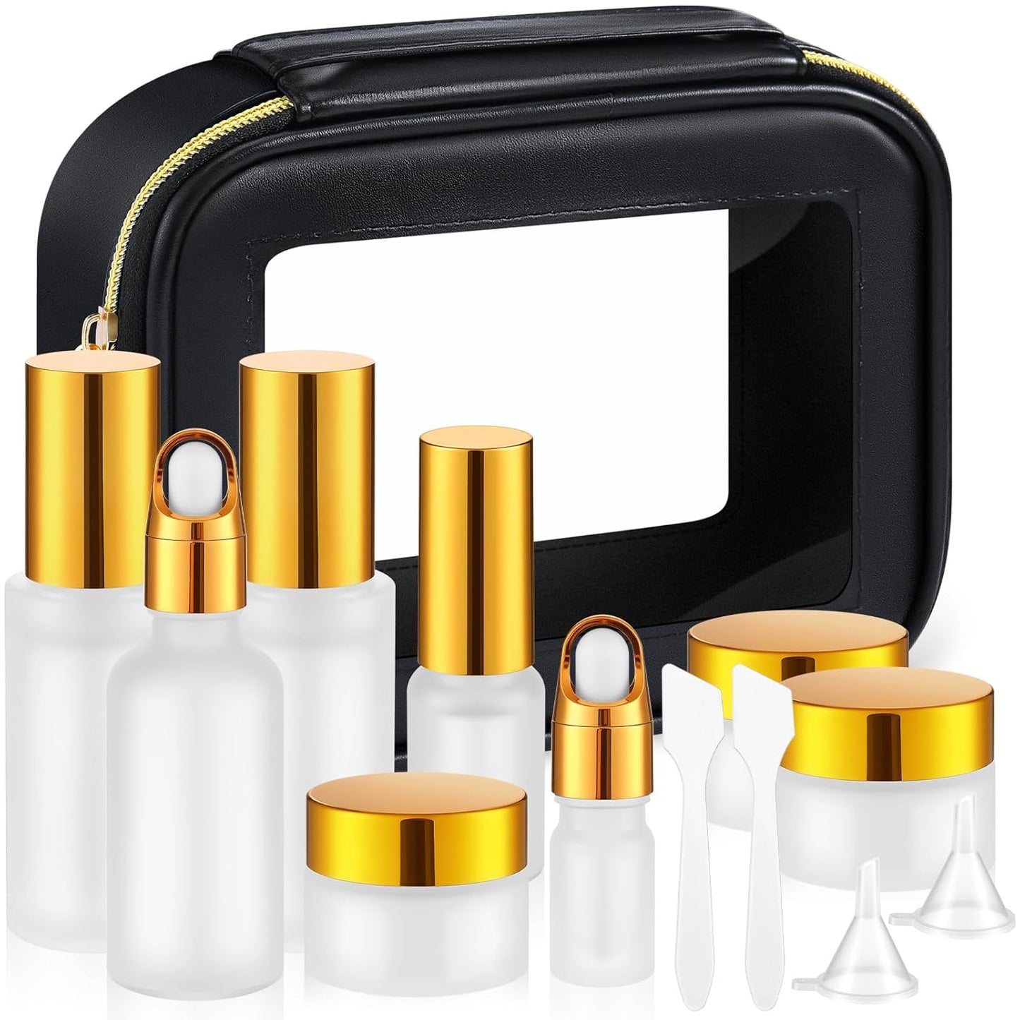 Glass Skincare Travel Containers Set - 13 Pcs Mini Makeup Bottles with Pump Spray & PU Leather Bag | Silver