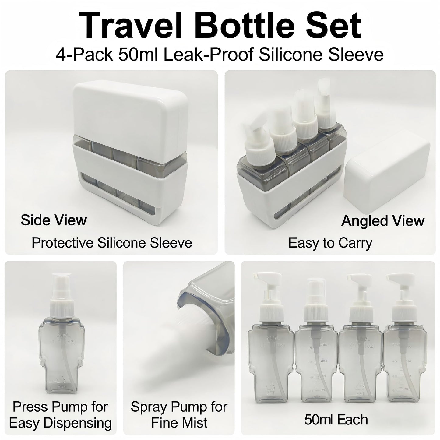 YIANCTRD Travel Bottles For Toiletries, 4 Pack 1.7oz Refillable Transparent Bottles With Label,Leak-Proof Silicone Shell Containers,for Shampoo,Lotion,CosmeticCreams(Gray)