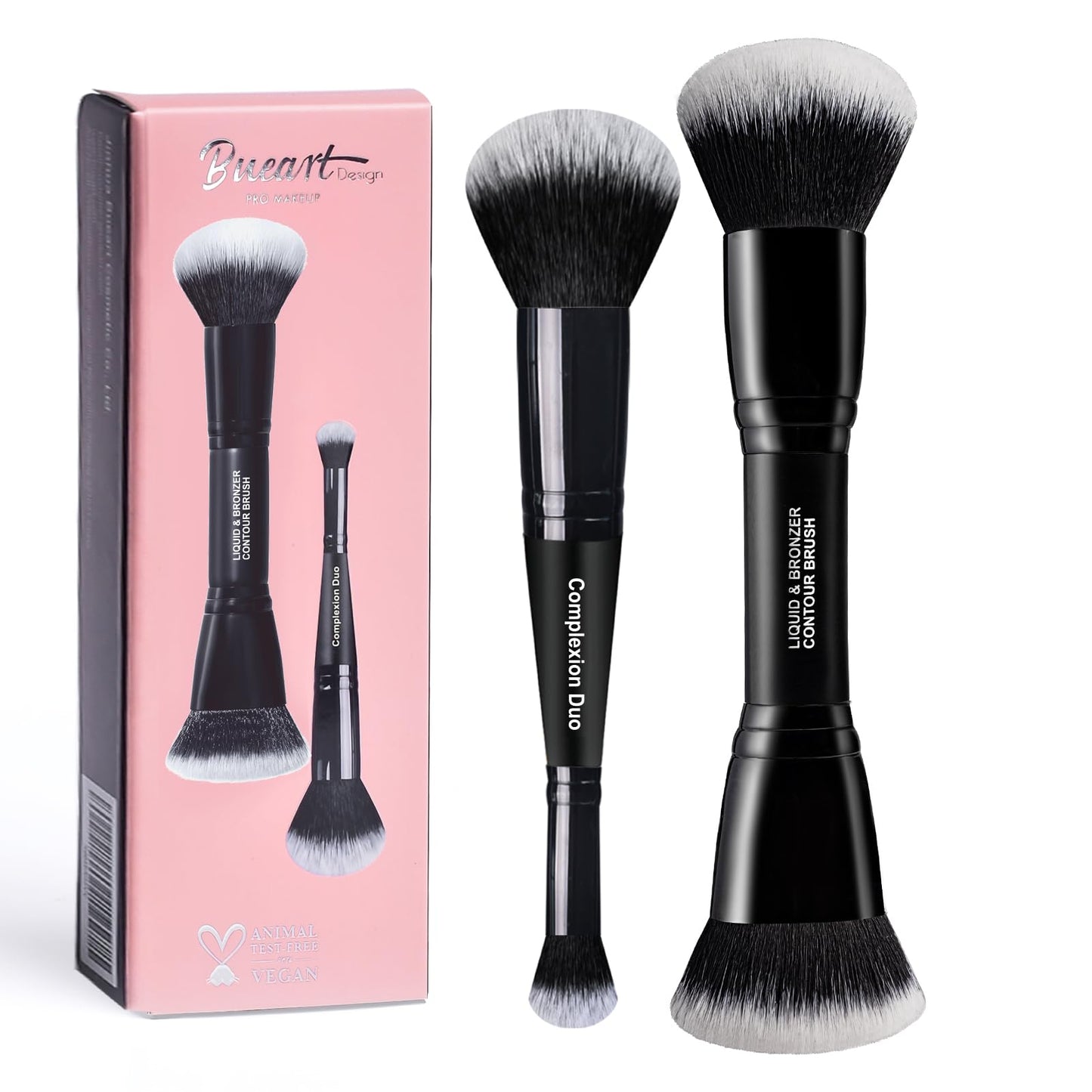 Bueart Design Complexion Duo Brush and Liquid & Bronzer Contour Makeup brushes set with ultra-soft dense hair Double-ended for Foundation Liquid Cream Concealer,Vegan and Cruelty-Free,M18