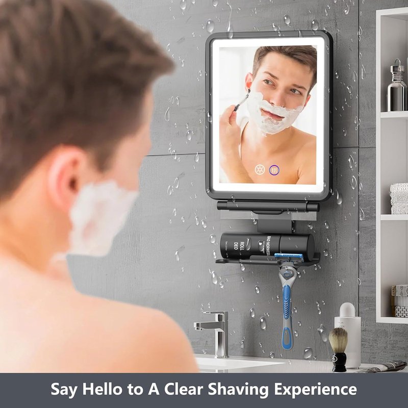 Heated Shower Mirror - Fogless Shaving Mirror with Dimmable Lights | Rechargeable Anti-Fog Design, Razor Holder Included
