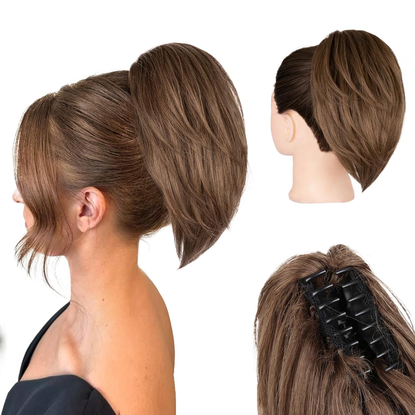 10 Inch Ponytail Extension - Straight Claw Clip Synthetic Hair | Brown with Blonde Highlights