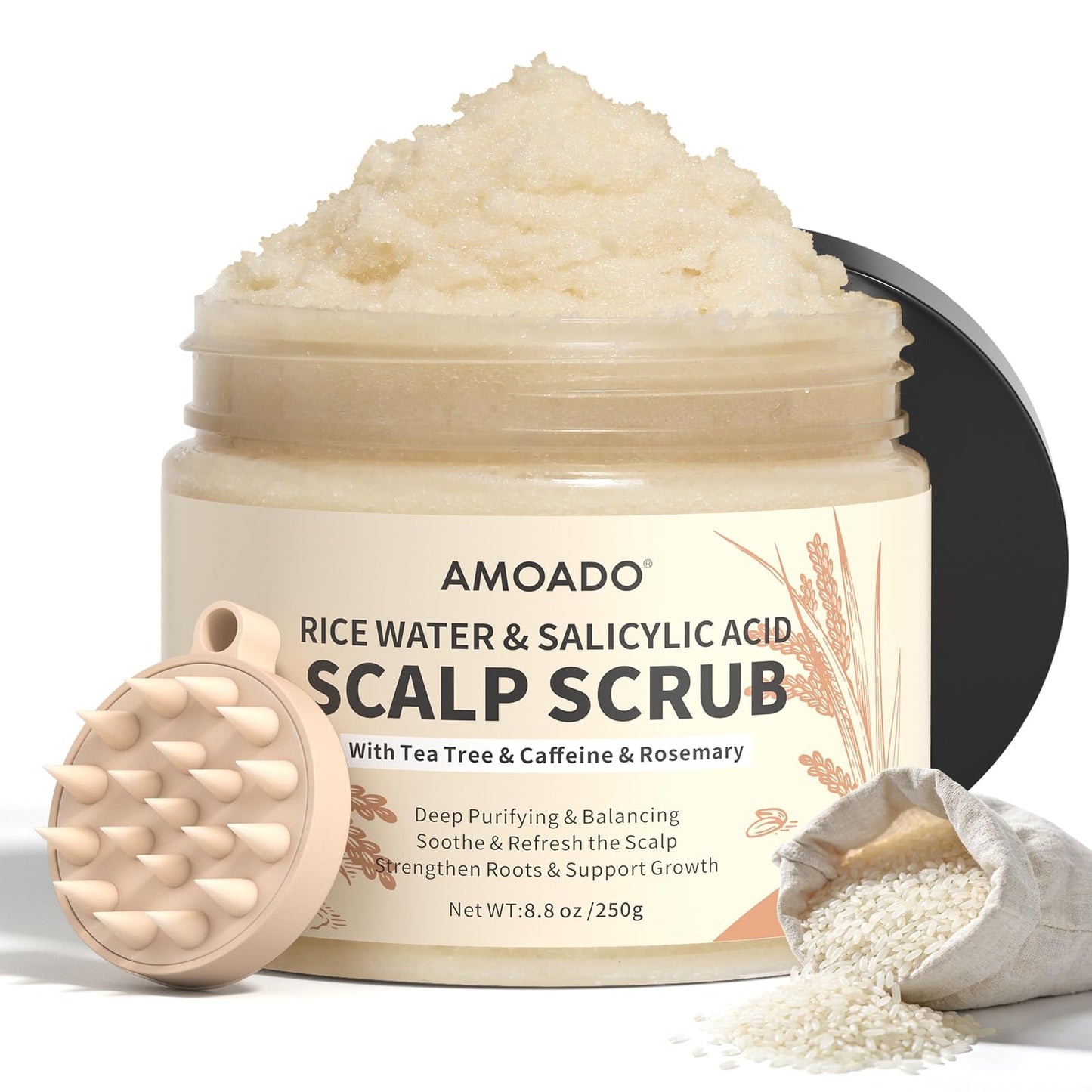 AMOADO Rice Water Scalp Scrub with Salicylic Acid(BHA), Tea Tree & Rosemary – Gentle Exfoliating Scalp Scrub Shampoo for Dandruff, Removes Buildup, Controls Oil & Refreshes the Scalp, 8.8 oz