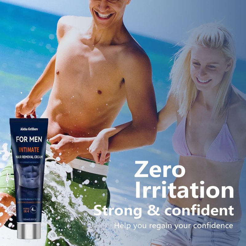 Painless Hair Removal Cream for Men, Intimate & Body Depilatory Cream for Male Grooming, Quick Hair Dissolving, Moisturizing Gentle Formula with Seaweed Extract, 100ml (1pcs)
