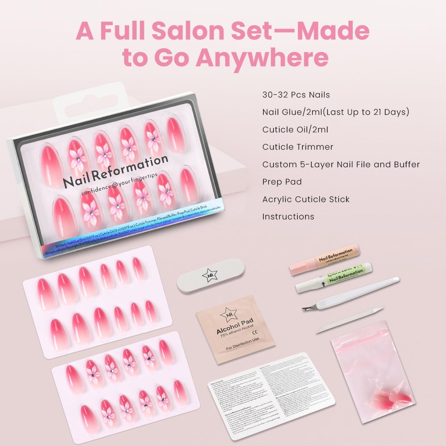 Nail Reformation Press On Nails, Tropical Orchid | Pink to Magenta Ombré Medium Almond Fake Nails with 3D Accents, Glossy Reusable Stick On Nails Kit - 30 Pcs in 15 Sizes with Glue, Gifts for Women