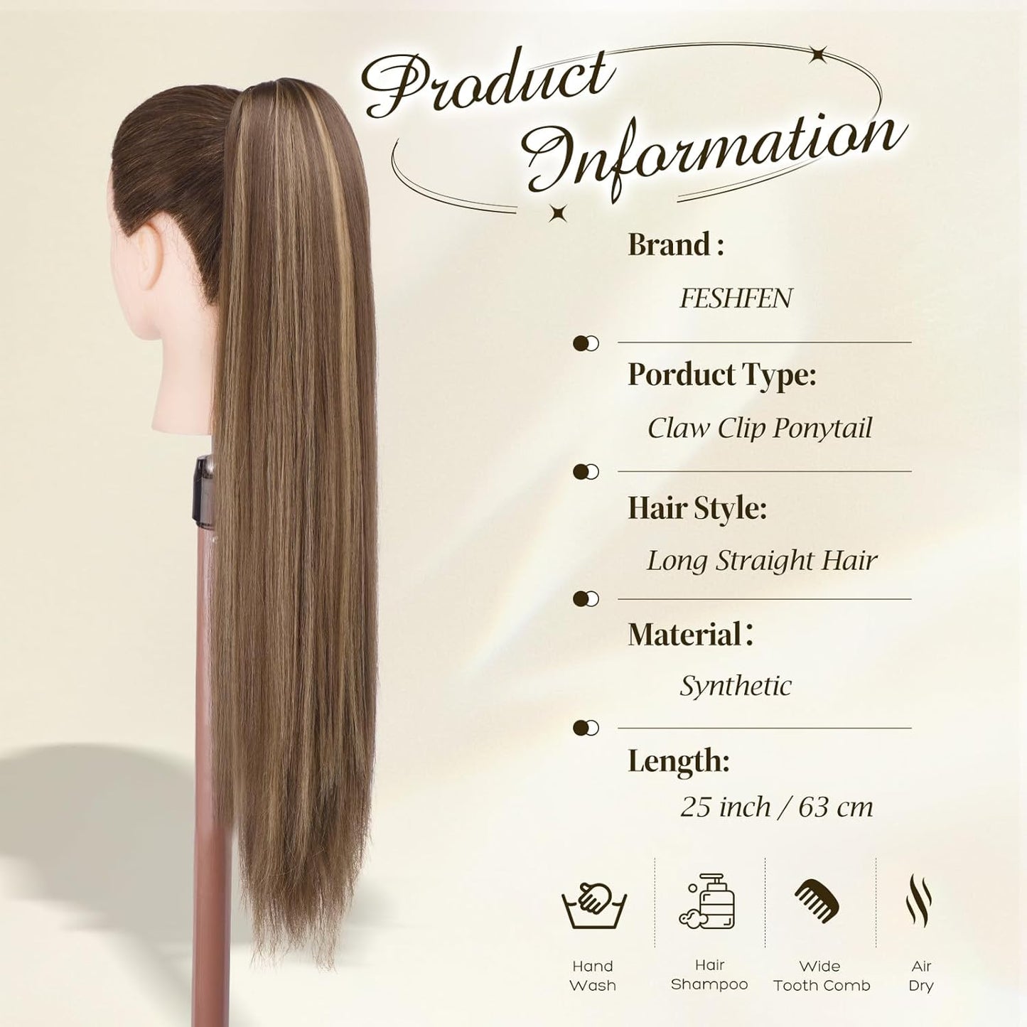 Claw Ponytail Extensions - 25-Inch Long Straight Clip-In Hairpieces | Honey Blonde & Light Brown Mix
