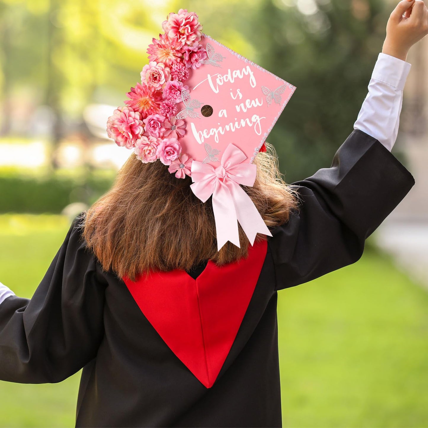 MotiMind 41 Pcs Pink DIY Graduation Cap Decoration Kit, Grad Cap Decorations Grad Hat Topper Faux Assorted Flowers Bows 3D Cream Construction Paper Butterfly Stickers Pearl Adhesive Dots