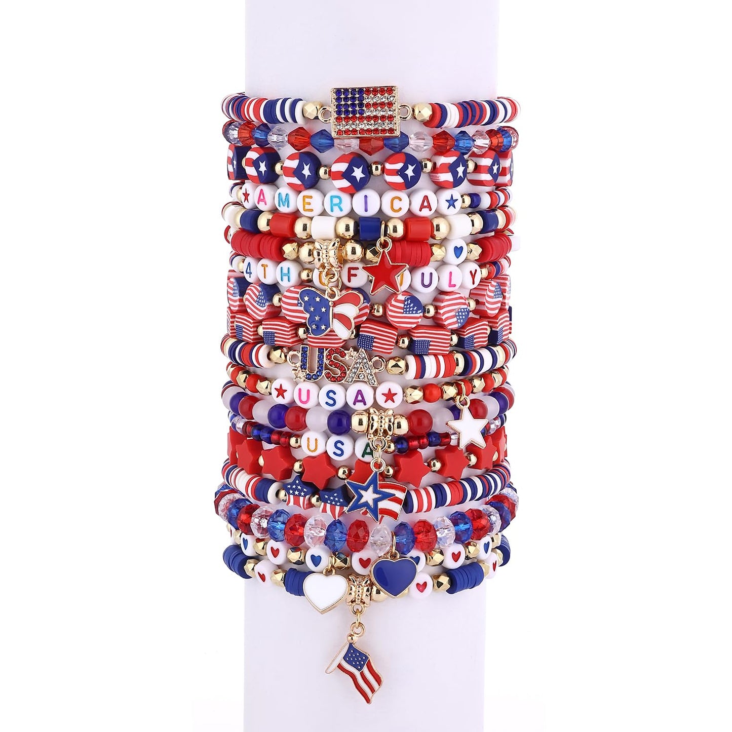 Cooluckday 36 Pcs 4th of July Bracelets USA Flag Bracelets for Women Independence Day Patriotic Surfer Heishi Bracelets for Women Stackable Vinyl Disc Beaded Stretch Bracelets Elastic Layering Independence Day Party Favors