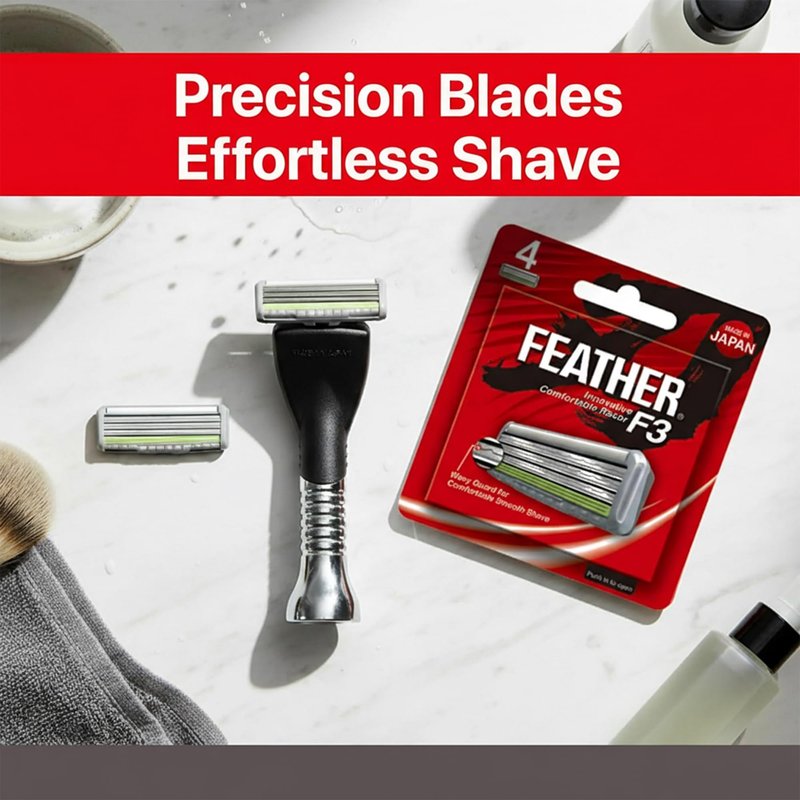 Feather - F3 Razor Blades Refills - Wavy Guard with SiC Ceramic Technology for Smooth Shave - Reduces Irritation and Razor Burns - Innovative Comfortable Blades for Sensitive Skin - 4 Pack