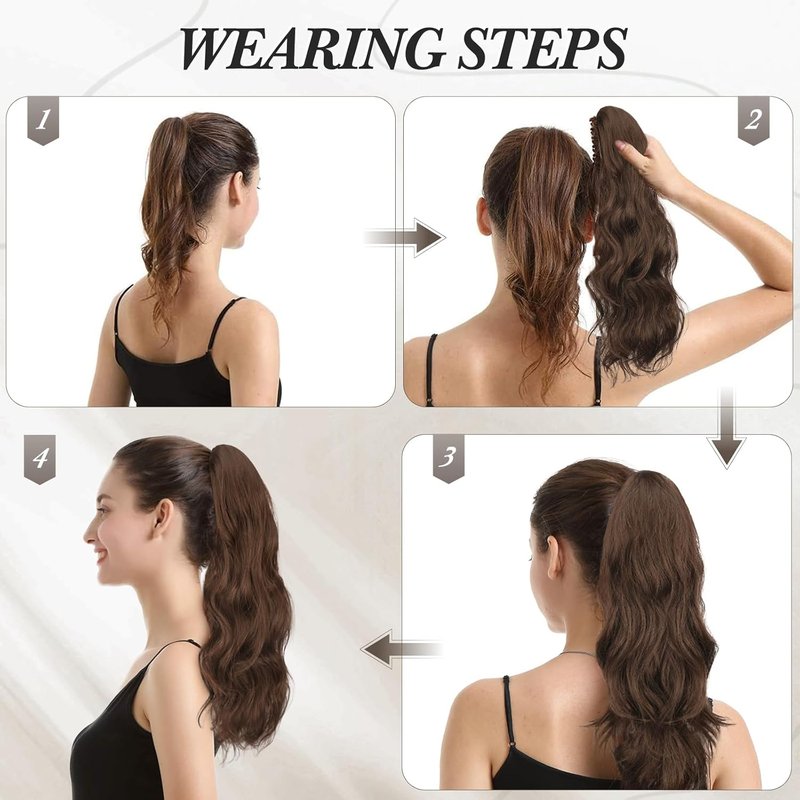Black Claw Clip Ponytail Extensions - 20 Inch Wavy Synthetic Hairpiece for Women | Voluminous Natural Look