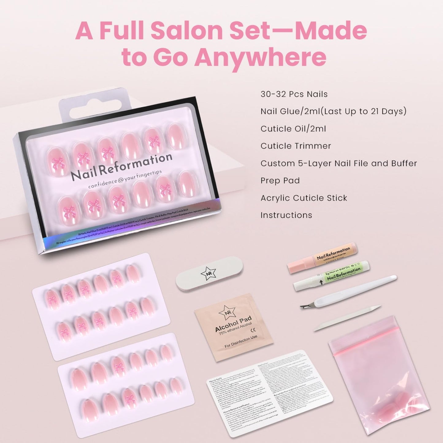 Nail Reformation Press On Nails, Sheer Silk | Pink Extra Short Round Fake Nails with Glaze Finish & 3D Bow Accents, Cute Reusable Stick On Nails Kit - 32 Pcs in 16 Sizes, Manicure Gifts for Women