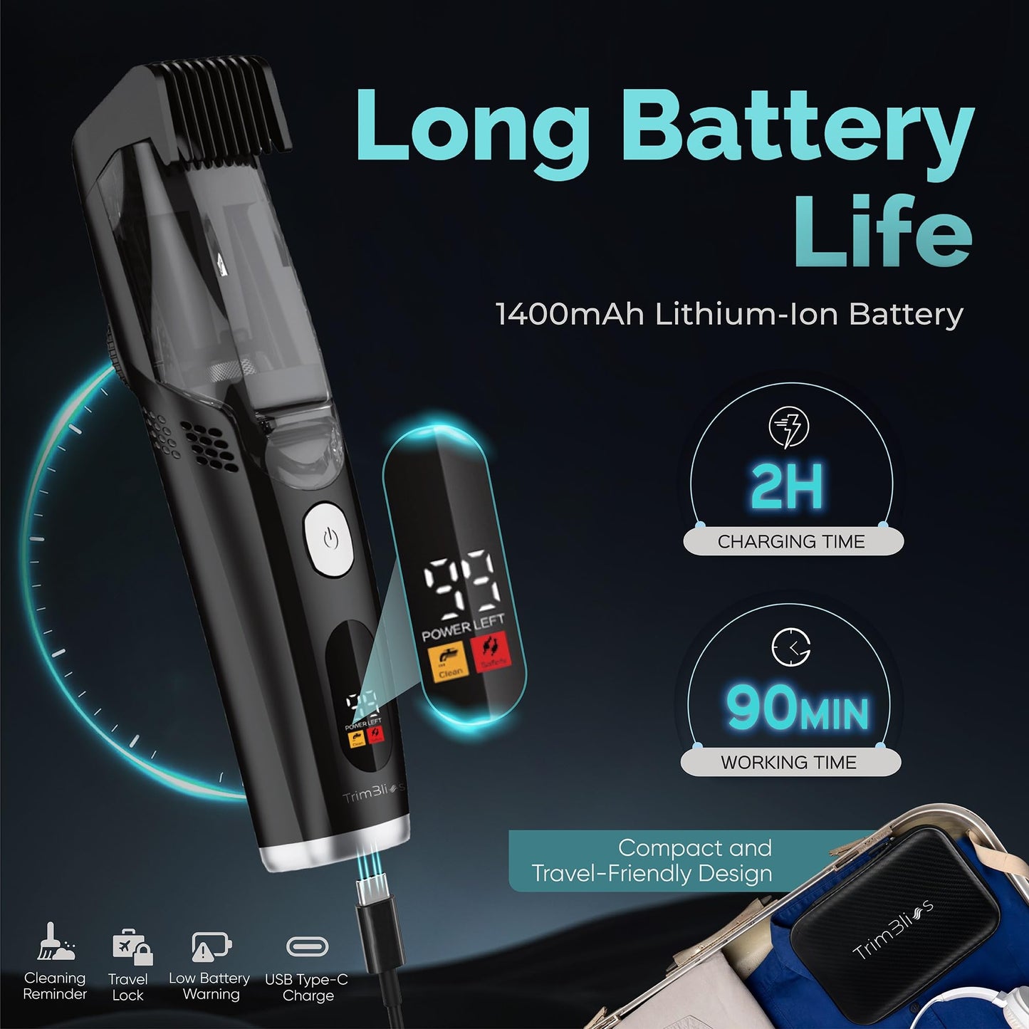 TrimBliss Vacuum Beard Trimmer for Men – Rechargeable Trimmer with Vacuum, Titanium Blade, Adjustable Comb, Waterproof Cordless Hair Clippers & Beard Kit for Less Mess Grooming