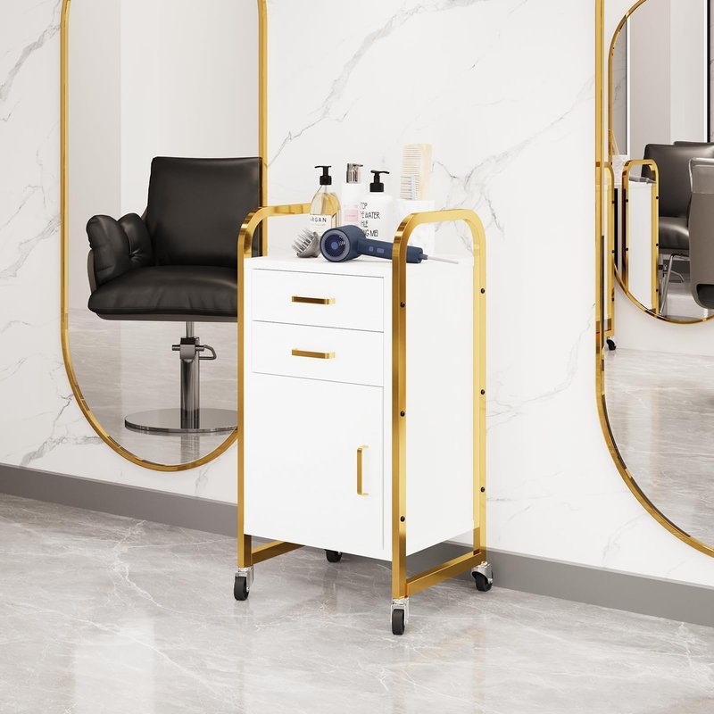 4ever2buy Salon Station for Hair Stylist, Rolling Salon Trolley Cart with Wheels, Beauty Barber Station with 2 Drawer & Cabinet, Mobile Storage Cabinet for Barbershop, Spa&Tattoo, White and Gold