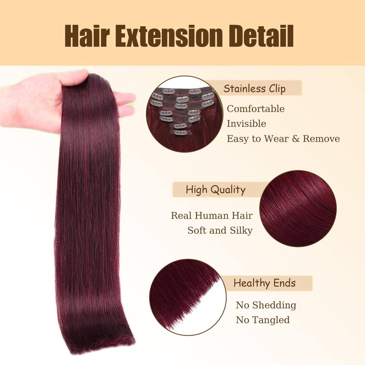 #99J Burgundy Clip in Hair Extensions, 32 Inch 120g/7Pcs,Full Shine Remy Human Hair,Wine Red Straight Clip ins Brazilian Virgin Human Hair Extensions