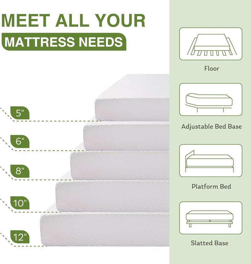 EGOHOME 12-Inch Queen Memory Foam Mattress - Cooling Green Tea Gel, Medium Firm Support | 80''L x 60''W, White