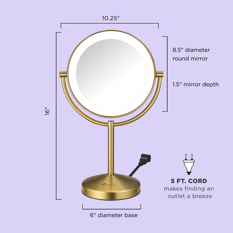 Conair Lighted Makeup Mirror, Double-Sided LED Vanity Mirror with 1X/10X Magnification, 3 Light Settings, 3 Modes, 360° Rotation, Brushed Brass Finish