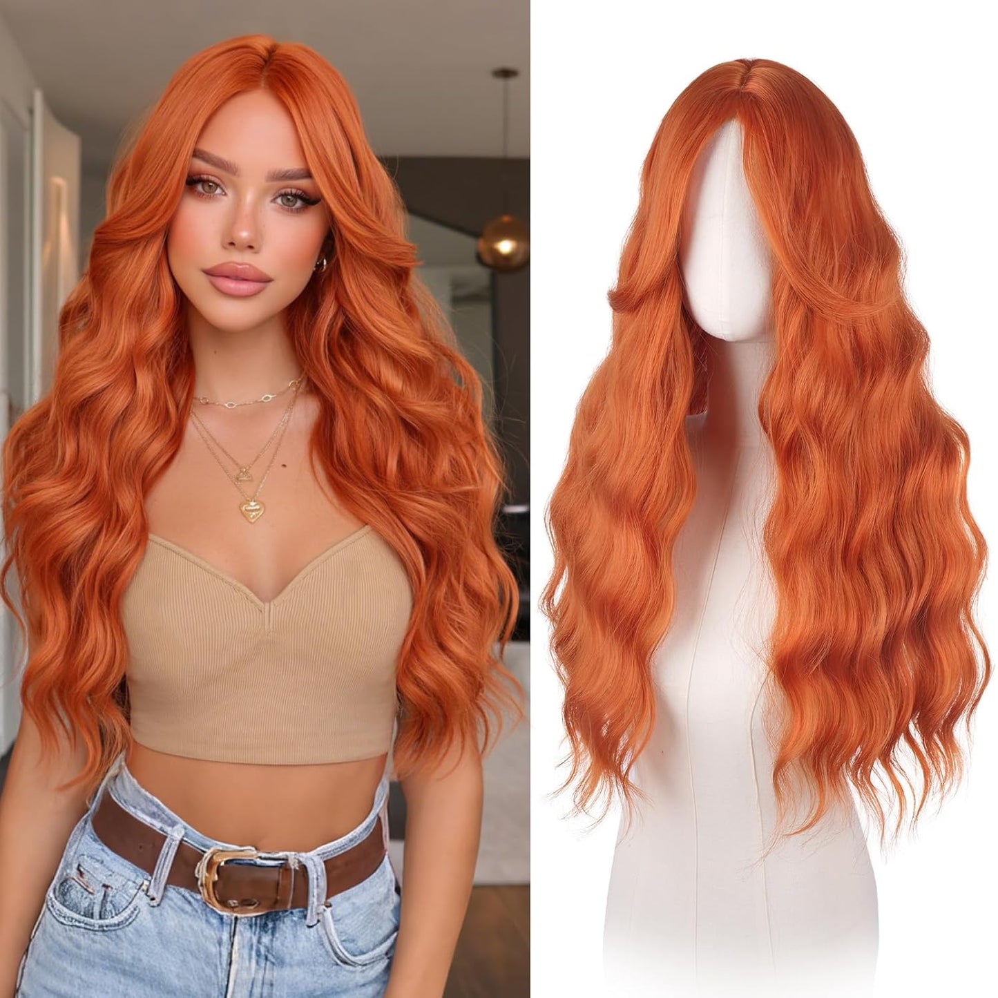 Pink Wigs for Women - Long Wavy Synthetic Hair Wig with Curtain Bangs | 26 Inch Natural Look for Daily Wear & Cosplay