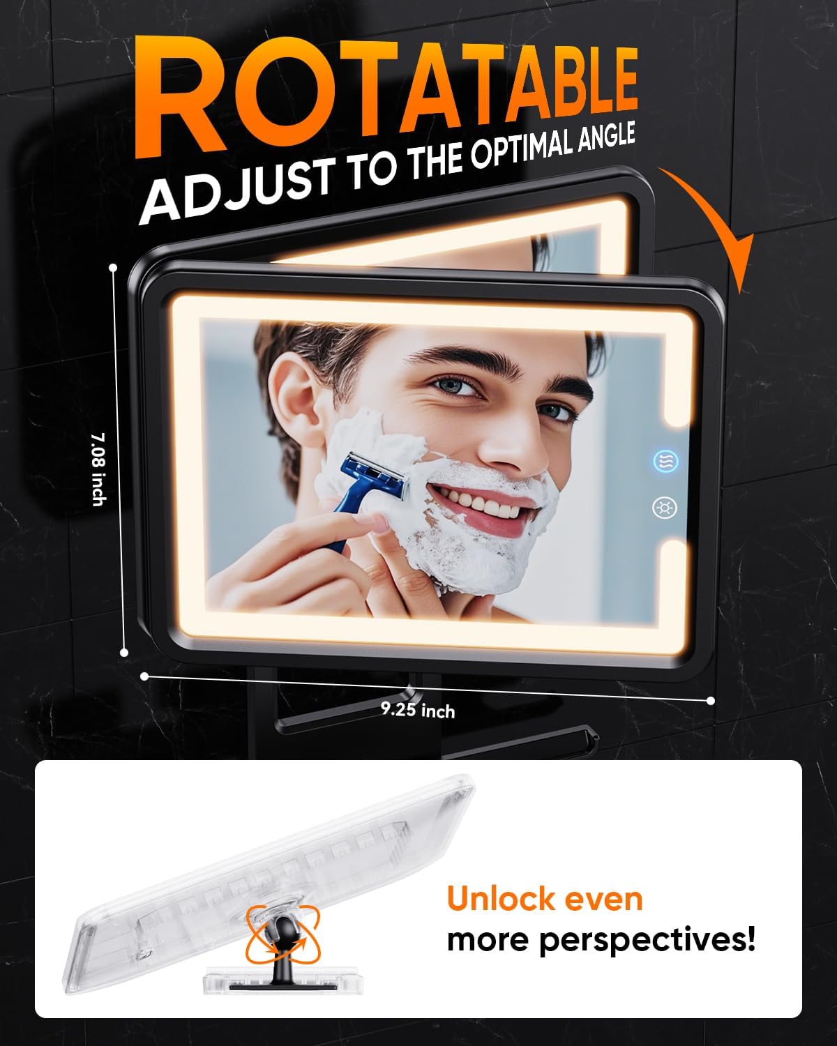 Heated Shower Mirror Fogless - Anti-Fog Shaving Mirror with Dimmable Lights | No-Drilling, Removable, Black