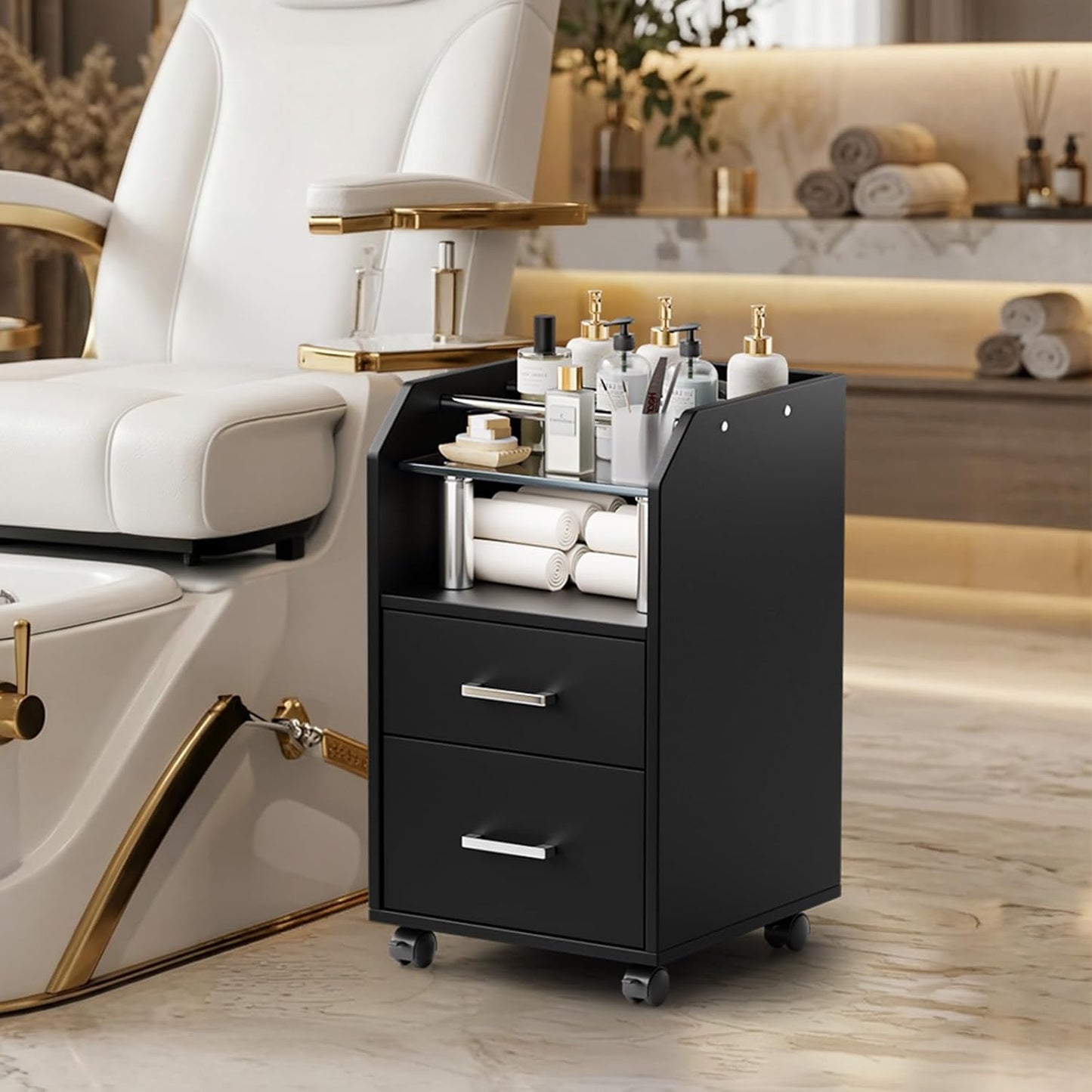 Pedicure Cart - Portable Foot Bath Trolley with Storage Drawer & Bottle Racks | Black Salon Station for Esthetician Manicure & Foot Massage