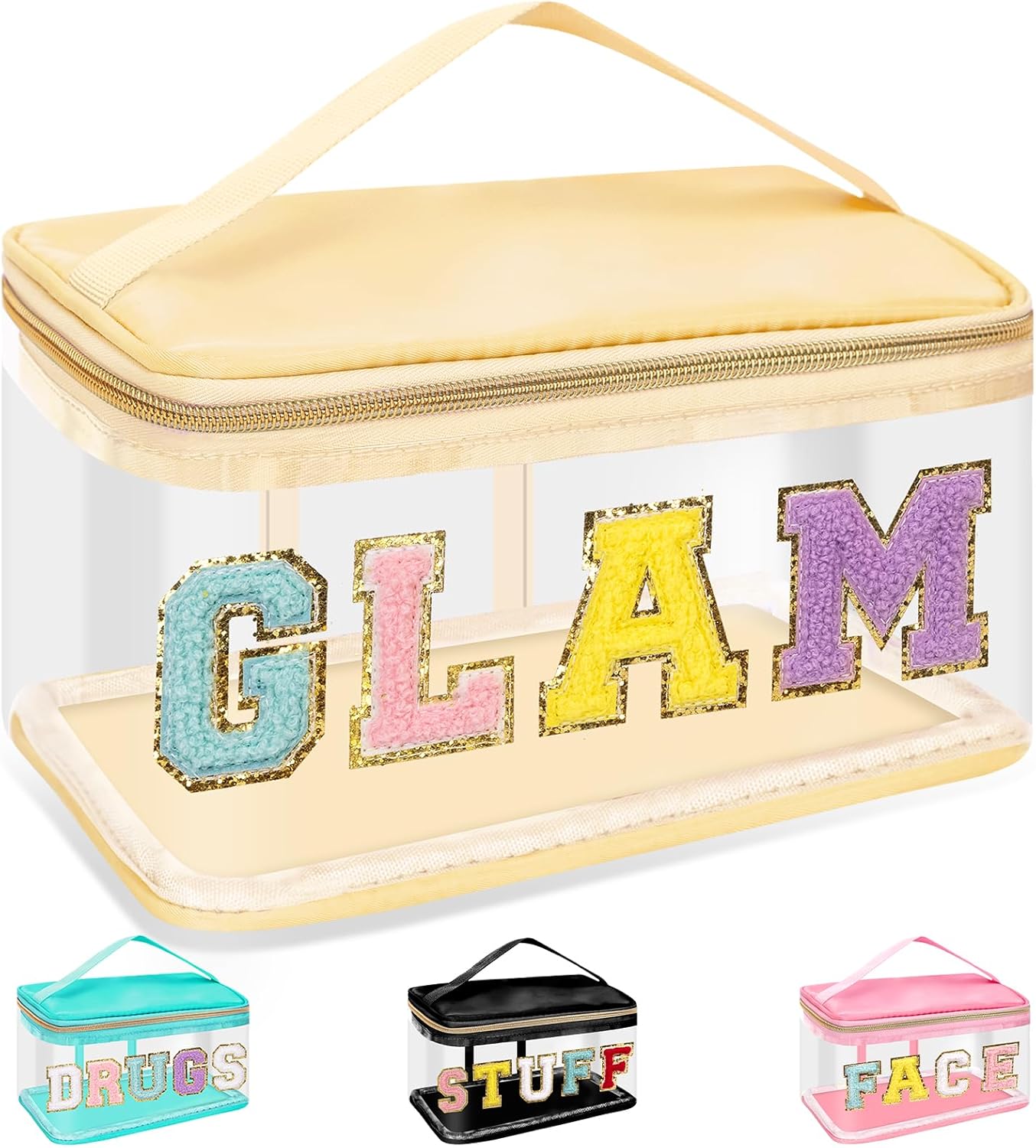 Clear Makeup Bag - Chenille Letter Hair Pouch | Waterproof Glitter Cosmetic Handbag for Travel - Green
