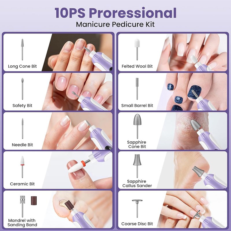 Electric Nail Drill - 10-Speed Cordless Nail File Kit for Thick Toenails | Rechargeable Manicure Pedicure Set with LED Display, Purple
