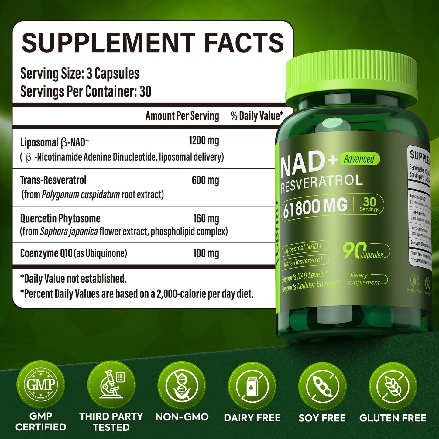 Nad Resveratrol Supplement 1200mg Per Serving – Liposomal Nad+ Resveratrol for Women & Men – High Purity 1200mg Nad+ Supplement for Energy & Healthy Aging, Resveratrol, Quercetin, CoQ10 – 90 Counts