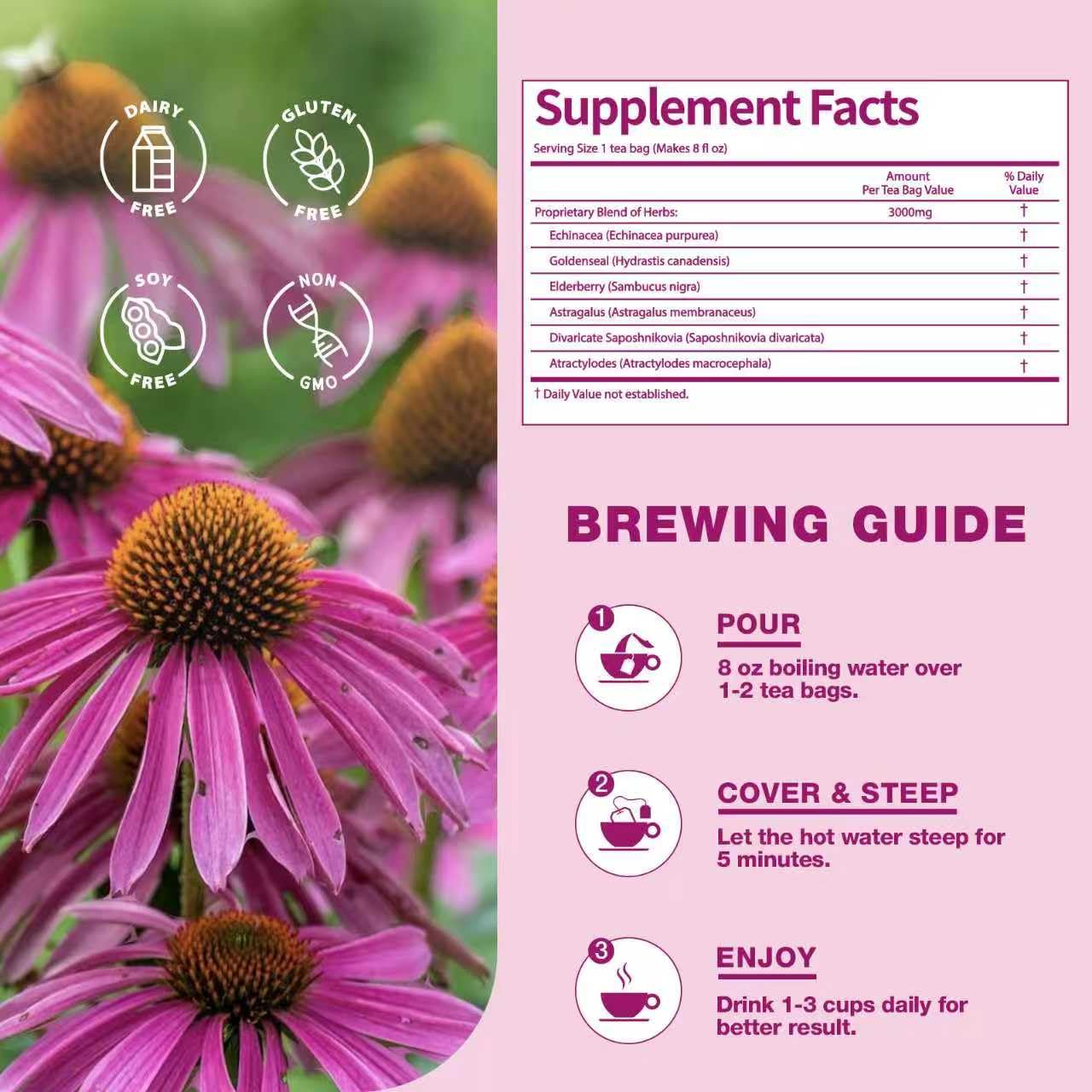 EnrychLeafo Echinacea Herb Tea with Elderberry & Goldenseal - Helps Combat Free Radicals & Provides Immune & Respiratory Support - Caffeine Free - 50 Tea Bags