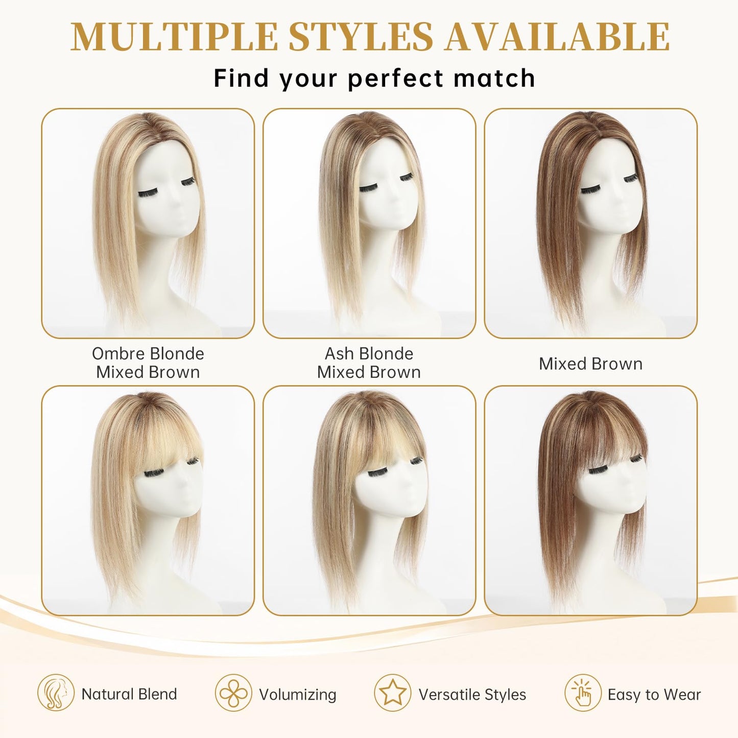 Wear but free KKU Hair Toppers for Women Real Human Hair, 6" × 5" Lager Swiss Lace Base 100% Human Hair Toppers for Women, Covering Thining Hair(14Inch with Bangs,Mixed Brown)