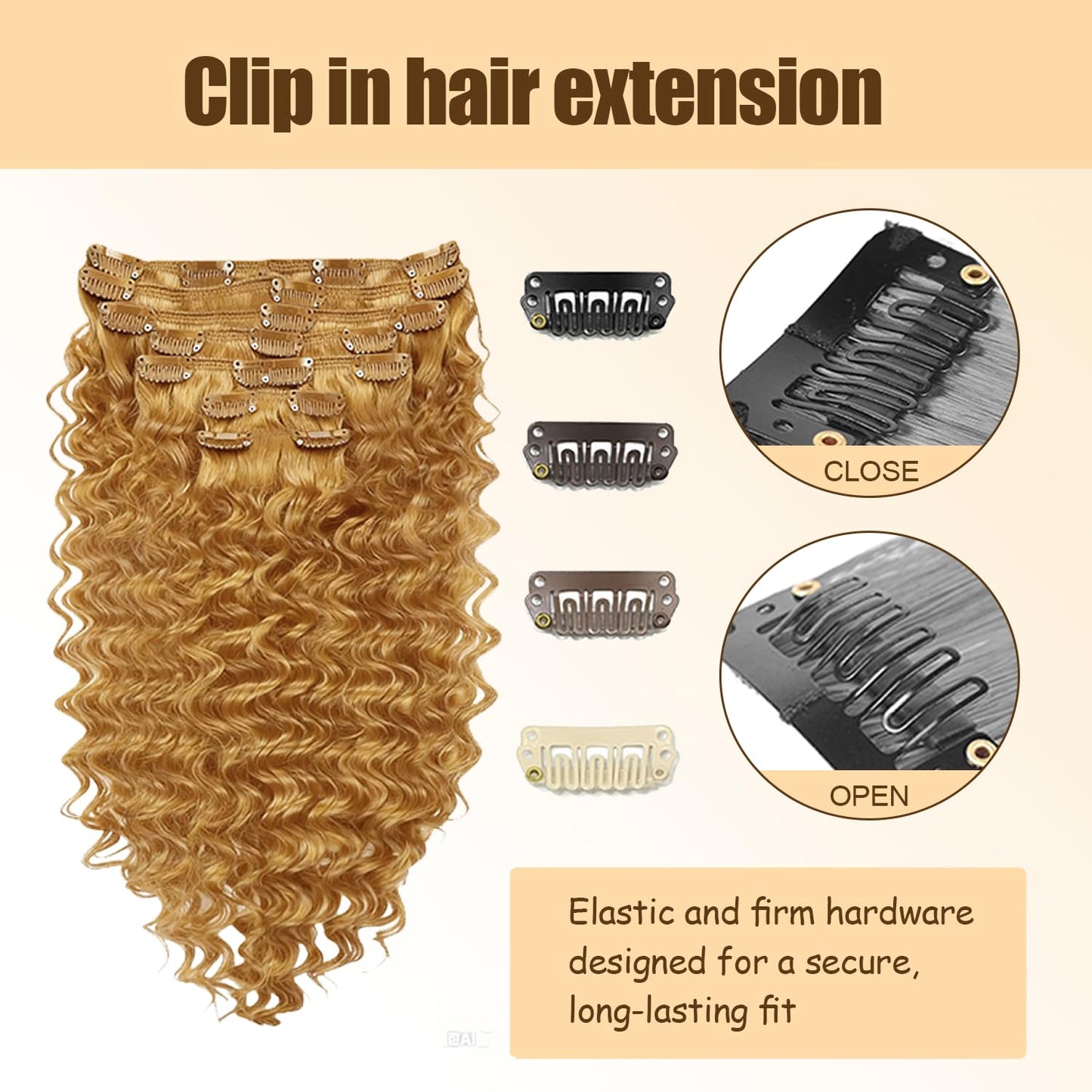 #27 Blonde Clip in Hair Extensions Real Human Hair,30 Inch 120g/7Pcs,Full Shine Remy Human Hair,Honey Blonde Deep Wave Clip ins Brazilian Virgin Human Hair Extensions