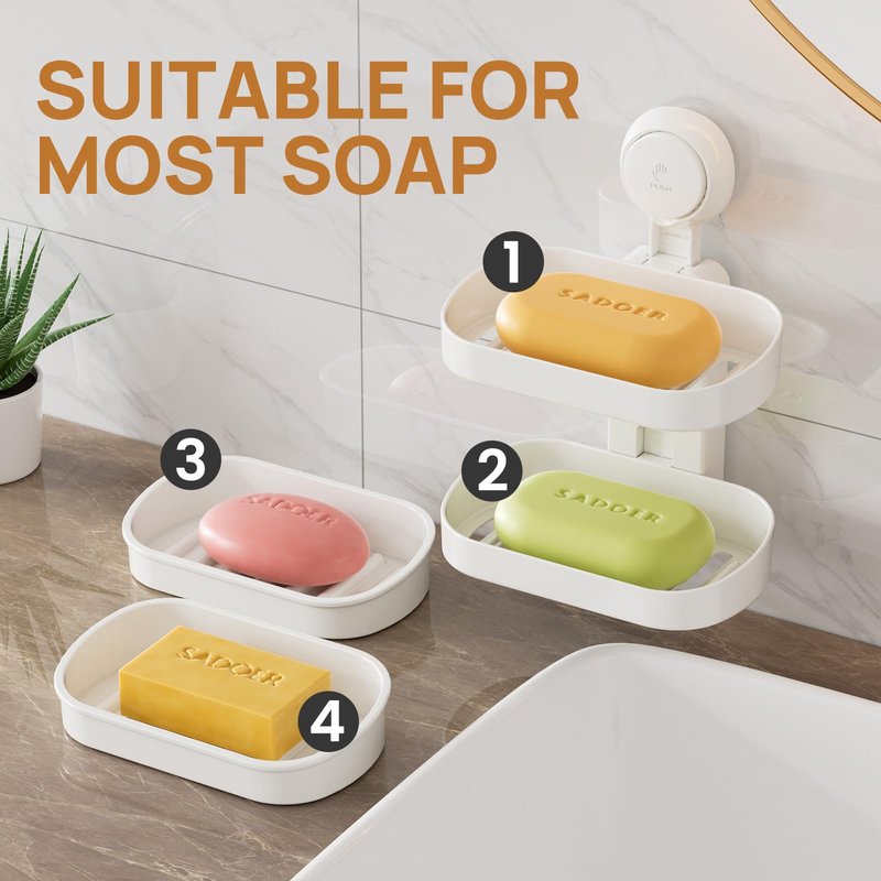 LEVERLOC Soap Dish Holder for Shower, Double Layer Suction Cup Wall Mounte Self Draining Removable Waterproof Strong Suction Bar Soap Holder for Shower, White