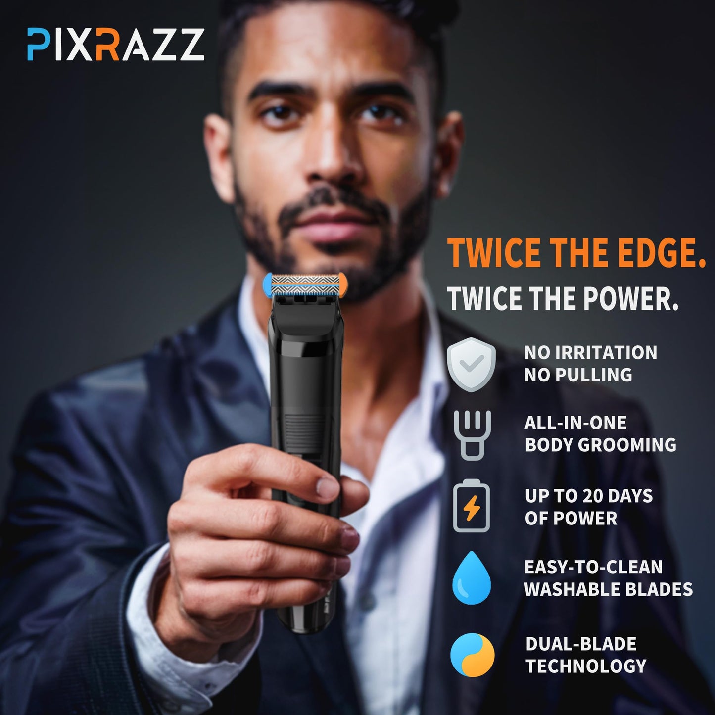 PIXRAZZ Body Hair Trimmer for Men – Painless Ball Shaver & Groin Trimmer for Pubic Hair, Body, and Sensitive Skin – USB-C Cordless Groomer & Razor Kit with 3 Guide Combs