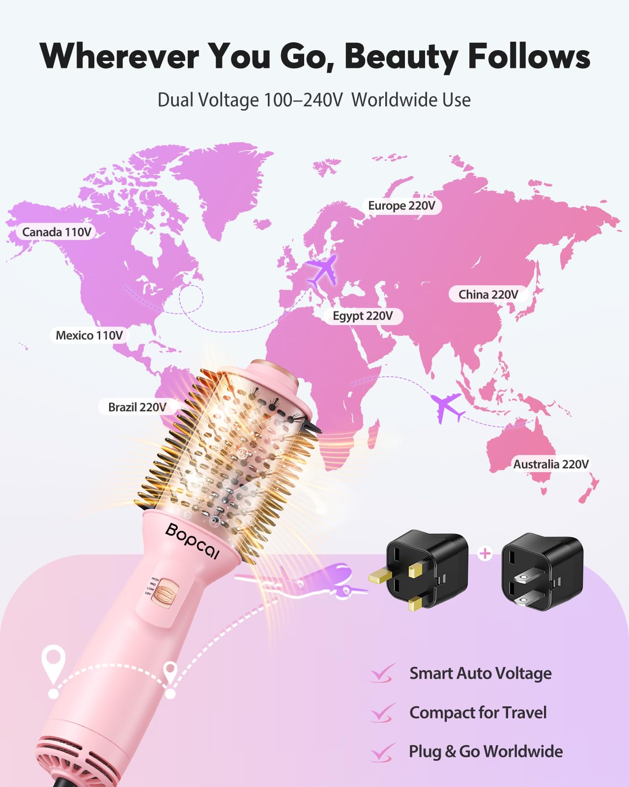 Bopcal 2" Travel Blow Dryer Brush, Dual Voltage 100-240V Hot Air Brush, 4-in-1 Ionic Hair Dryer Brush for Blowout, Volumizing, Straightening, Curling & Drying, Portable with EU UK Plug