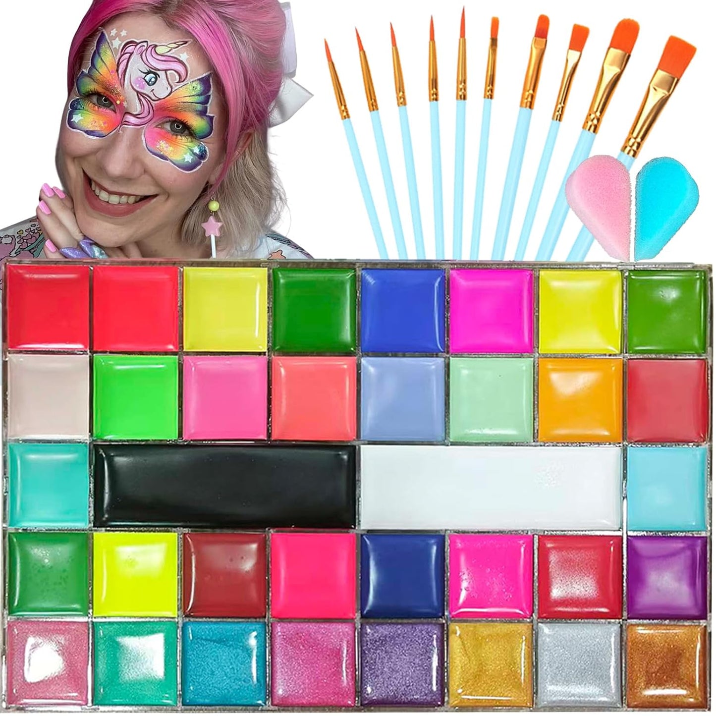 Face Painting Kit for Kids - 42 Color Non-Toxic Water Activated Makeup Set with Brush, Stencil & Sponge | Perfect for Parties & Holidays