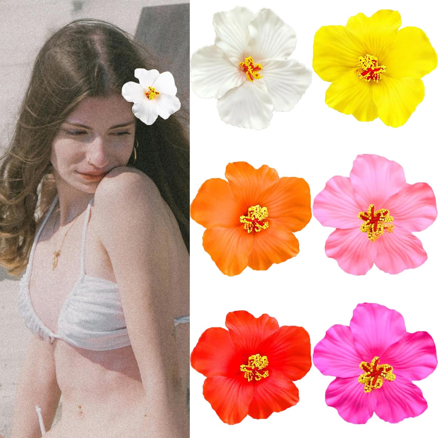 Hawaiian Flower Hair Clips - 6 Pcs Boho Plumeria & Hibiscus Barrettes | 3.5 Inch Cute Summer Accessories for Women & Girls