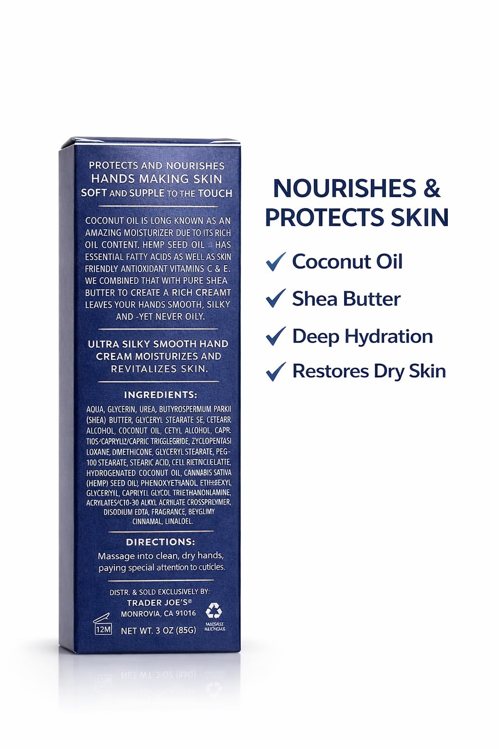 Trader Joe's Ultra Moisturizing Hand Cream with Coconut Oil, Hemp Seed Oil, 20% Shea Butter, Paraben Free, 3 Ounce